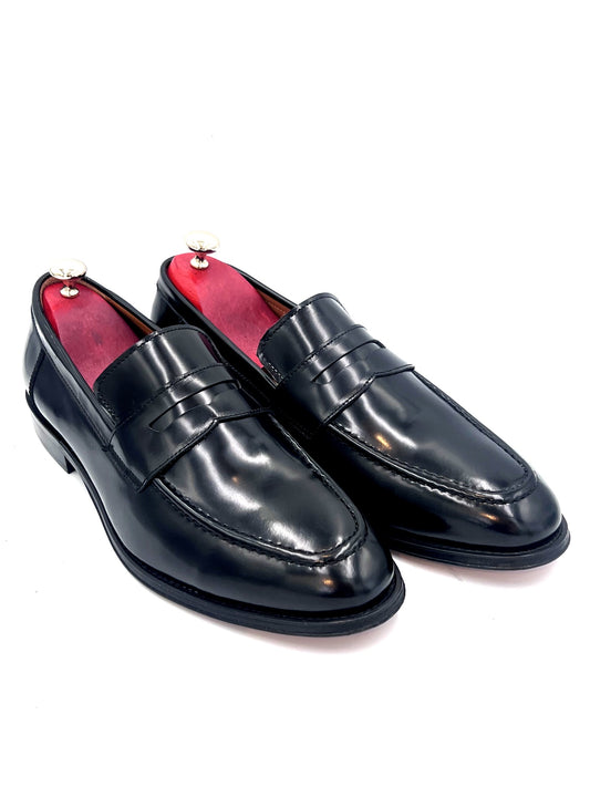 Oscar William Black High Shine Leather Penny Loafers