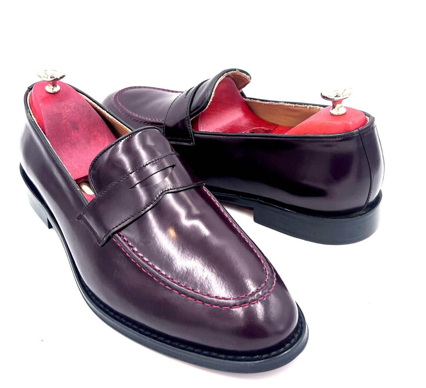 Oscar William Burgundy High Shine Penny Loafers – Leather Sole / Lining