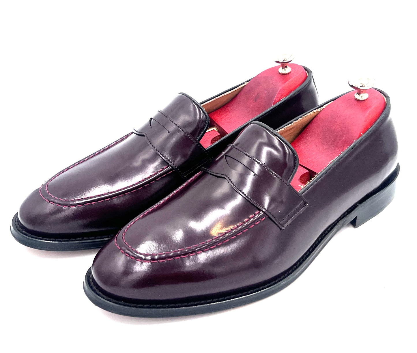 Oscar William Burgundy High Shine Penny Loafers – Leather Sole / Lining