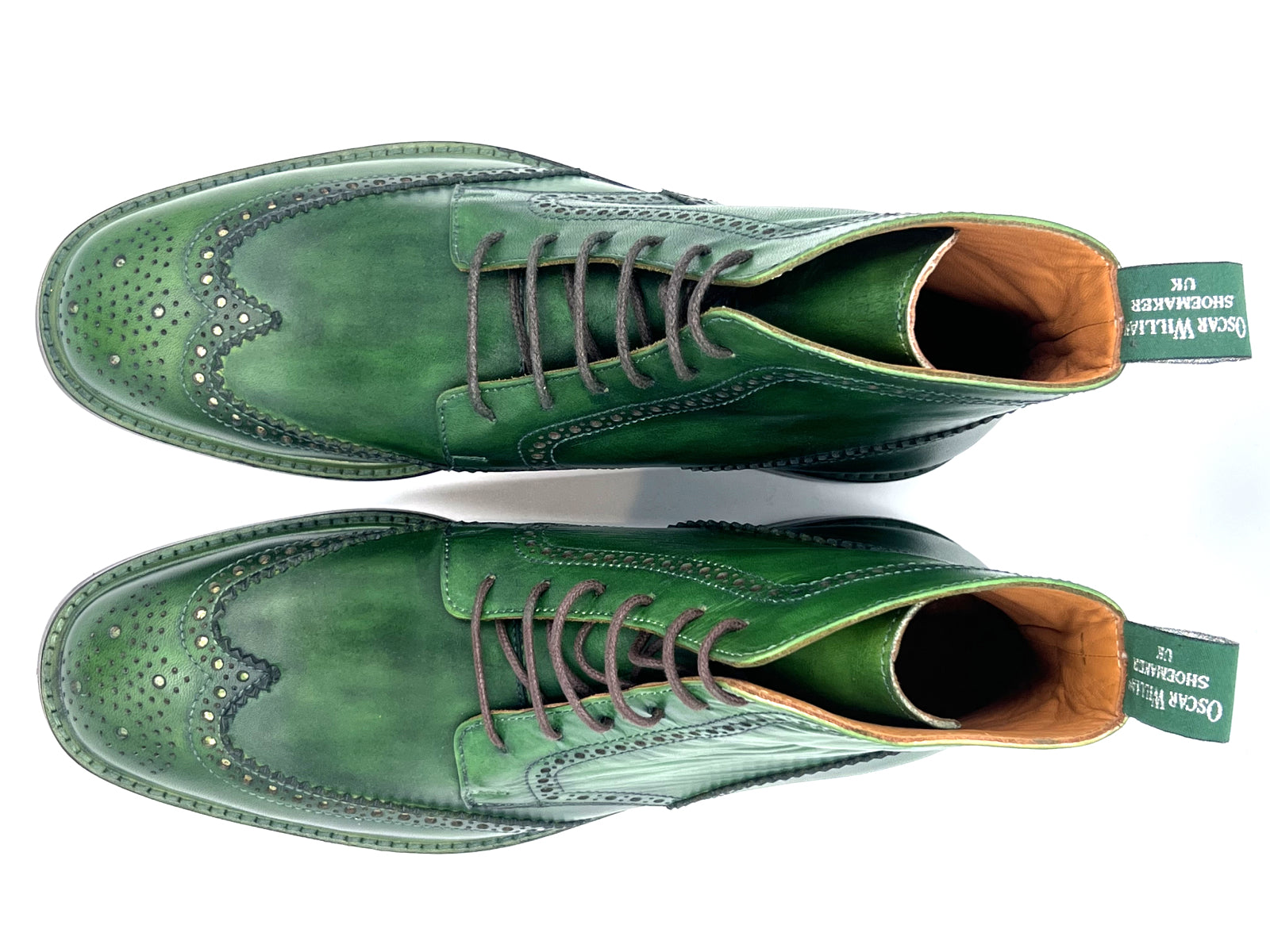 Green Patina Brogue Boots | Hand-Painted Leather Wingtip Boots