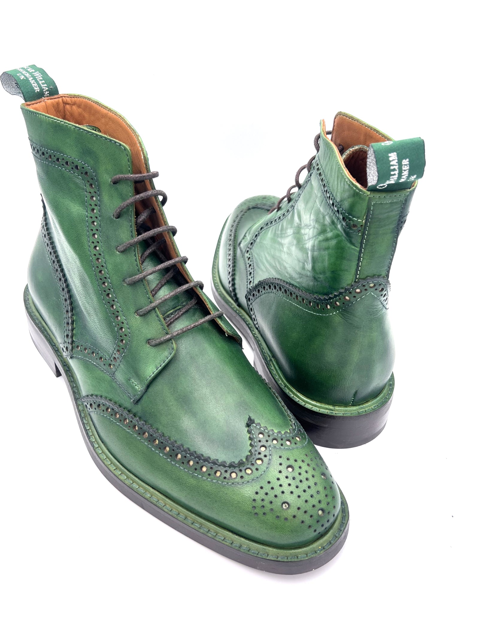 Green Patina Brogue Boots | Hand-Painted Leather Wingtip Boots