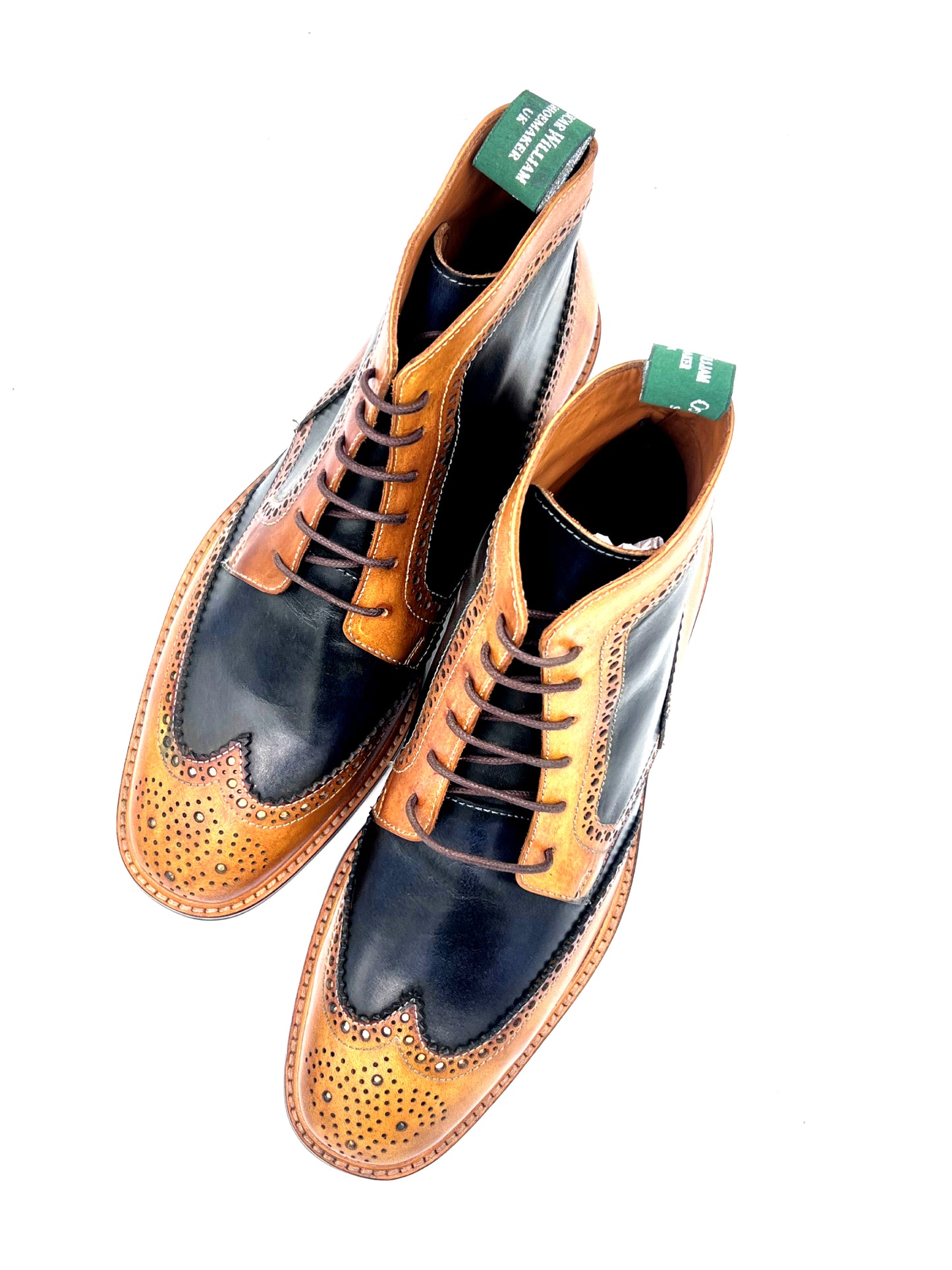 Oscar William Brogue Boots – Light Tan / Navy Blue Mix Patina